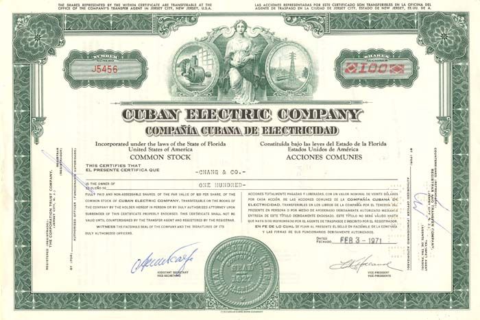 Cuban Electric Co. - 1971 dated Cuba Stock Certificate